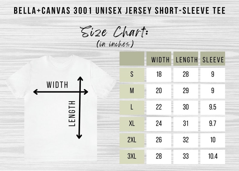 K&ouml;nnte beinhalten: Gr&ouml;&szlig;entabelle f&uuml;r ein Bella + Canvas 3001 Unisex Jersey T-Shirt mit kurzen &Auml;rmeln. Die Tabelle zeigt die Ma&szlig;e in Zoll f&uuml;r Breite, L&auml;nge und &Auml;rmell&auml;nge f&uuml;r die Gr&ouml;&szlig;en S, M, L, XL, 2XL und 3XL.