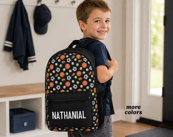Kinder Rucksack Personalisierte Jungen Sportbälle Zubehör Tasche, Benutzerdefinierte Monogramm Kinder zurück zur Schule, Teenager Jungen Rucksack Geschenk, Kinderkulturtasche