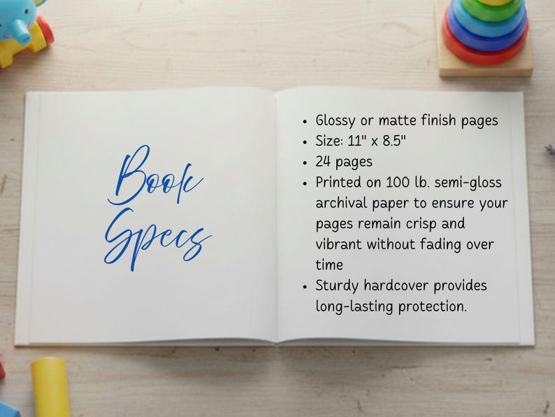 May include: An open book with white pages displaying the text Book Specs in blue script. The right page lists specifications: glossy or matte finish, 11 inches by 8.5 inches, 24 pages, 100 lb. semi-gloss archival paper, and a sturdy hardcover.
