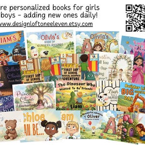 May include: A collection of personalized children's books featuring various illustrated covers with titles like Liam's, Olivia's Book of Nursery Rhymes, and Builder Liam's Big Day. Text at the top reads More personalized books for girls & boys.