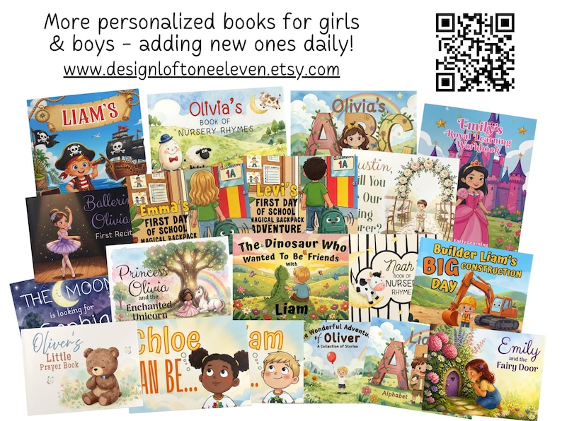 May include: A collection of personalized children's books featuring various illustrated covers with titles like Liam's, Olivia's Book of Nursery Rhymes, and Builder Liam's Big Day. Text at the top reads More personalized books for girls & boys.