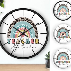 Personalized Rainbow Teacher Clock, Classroom Decor, Teacher Gift, Custom Teacher Clock, Classroom Clock, Teacher Animal Print Clock