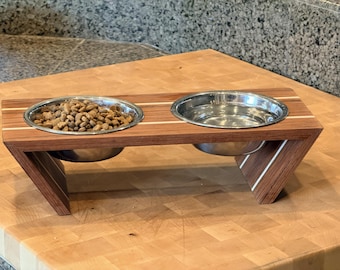 Hardwood Cat Food Stand with Steel Bowls