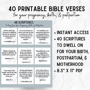 Puede incluir: Un PDF imprimible con 40 versículos bíblicos para el embarazo, el parto y el posparto. Los versículos están impresos en texto negro sobre un fondo azul claro con diseños florales. El PDF mide 8,5 pulgadas por 11 pulgadas.