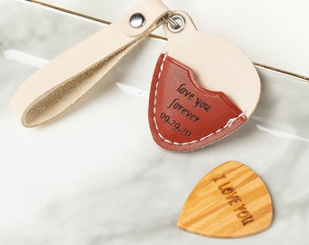 Customized guitar pick keychain with pick holder, customized wooden guitar pick, personalized guitar gifts, guitar pick gift