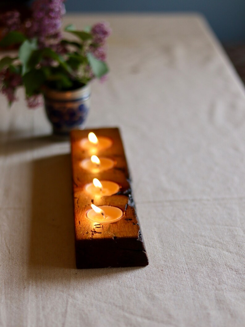 Rustic Wood Candle Holder Reclaimed Wood Beam 4 Tealight Holder