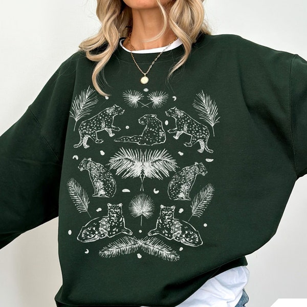 Leopard Jungle Pattern Sweatshirt, Vintage Tropical Crewneck, Outdoor Nature Lover Gift, Vintage Inspired Graphic, Leopard Cat Top