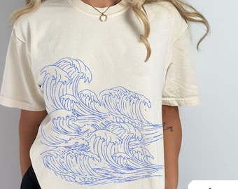 Vintage Waves Beach Tee, Custom Comfort Colors® Tshirt, Oversized Summer Shirt, Vacation Aesthetic, Ocean Lover Gift, Distressed Graphic Tee