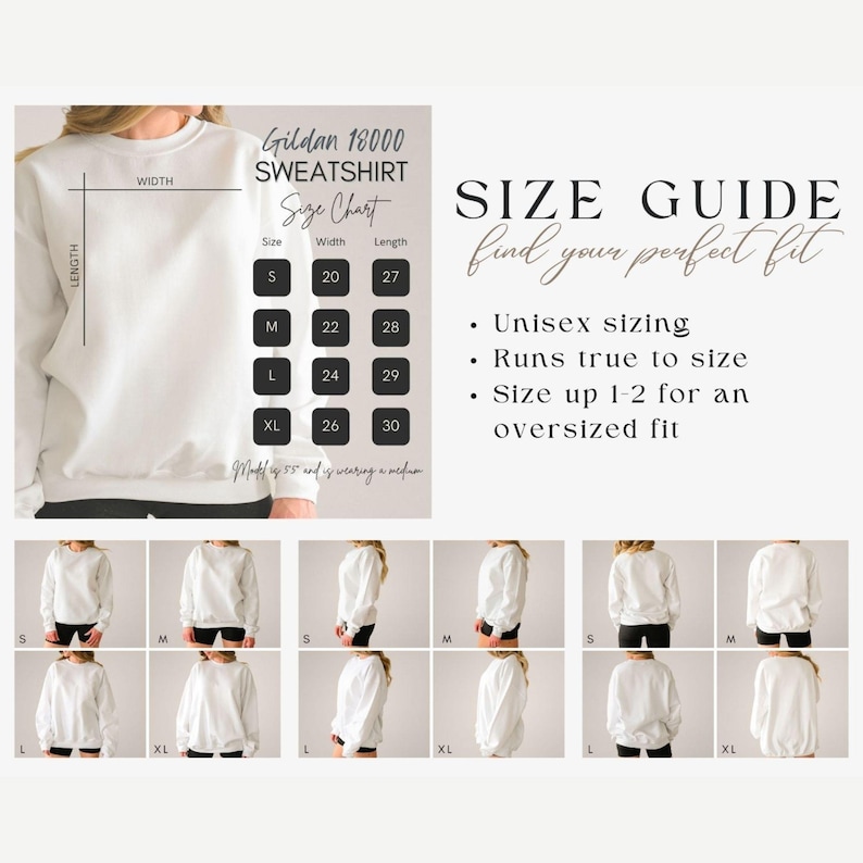 May include: White Gildan 18000 sweatshirt with a size chart. The size chart shows measurements for sizes S, M, L, and XL. The size guide states the sweatshirt is unisex, runs true to size, and to size up for an oversized fit.