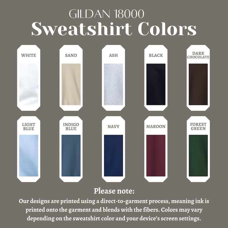 May include: A color chart for Gildan 18000 sweatshirts, displaying ten different colors: white, sand, ash, black, dark chocolate, light blue, indigo blue, navy, maroon, and forest green. The text "Sweatshirt Colors" is at the top.