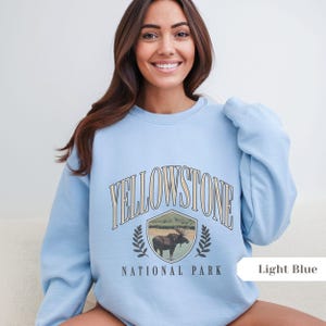 Pu&ograve; includere: Una felpa di colore azzurro chiaro con il testo "Yellowstone National Park" in un font di stile vintage. La grafica presenta un alce marrone in uno scudo con uno sfondo di foresta.