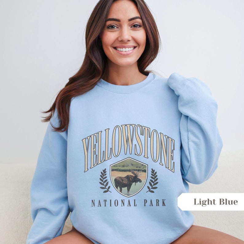 Pu&ograve; includere: Una felpa di colore azzurro chiaro con il testo "Yellowstone National Park" in un font di stile vintage. La grafica presenta un alce marrone in uno scudo con uno sfondo di foresta.