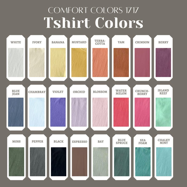 K&ouml;nnte beinhalten: Eine Farbkarte mit 24 verschiedenen T-Shirt-Farben. Die Farben sind in drei Reihen mit jeweils acht Farben angeordnet. Die Farben sind: Wei&szlig;, Elfenbein, Banane, Senf, Terrakotta, Yam, Scharlachrot, Beere, Jeansblau, Chambray, Violett, Orchidee, Bl&uuml;te, Wassermelone, Knusperbeere, Inselriff, Moos, Pfeffer, Schwarz, Espresso, Bucht, Blautanne, Meeresschaum und Kreideminze.