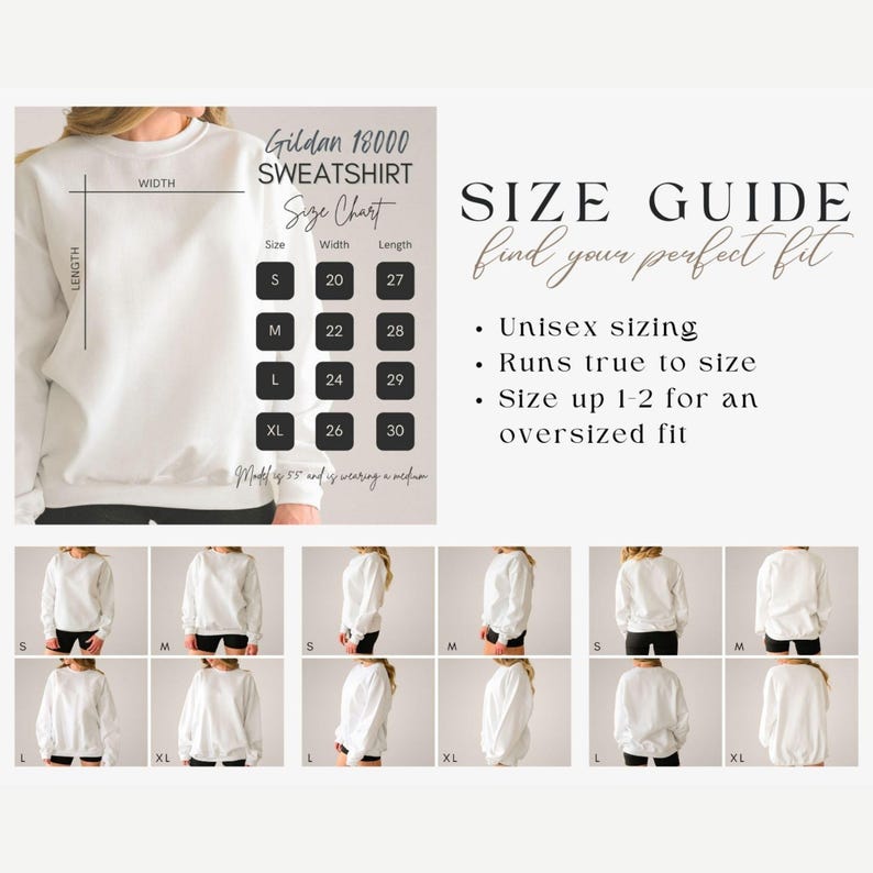 Pu&ograve; includere: Tabella delle taglie per una felpa Gildan 18000 con misure in pollici. La tabella mostra la larghezza e la lunghezza della felpa nelle taglie S, M, L e XL. Il testo "SIZE GUIDE find your perfect fit" &egrave; in cima alla tabella. Sotto la tabella, ci sono punti elenco che dicono "Unisex sizing", "Runs true to size", e "Size up 1-2 for an oversized fit".
