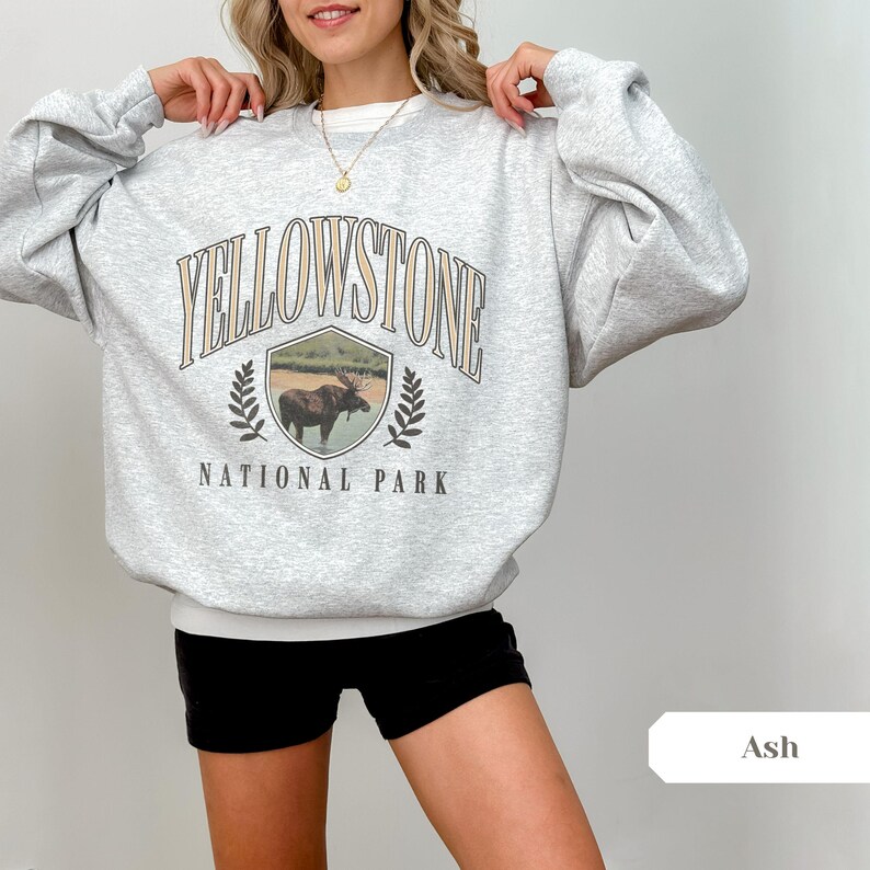 Pu&ograve; includere: Una felpa grigia con il testo "Yellowstone National Park" e una grafica di un alce in una scena di foresta. La felpa &egrave; indossata da una persona.