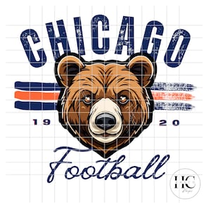 May include: A vintage-style graphic featuring a brown bear with a distressed blue and orange stripe design. The text "CHICAGO FOOTBALL" is written in a stylized font with the years "19" and "20" on either side of the bear.