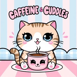 Kawaii Cat Coffee Caffeine & Cuddles PNG | Cute Cartoon Coffee Lover Design | Instant Download for Mugs, Shirts, Stickers