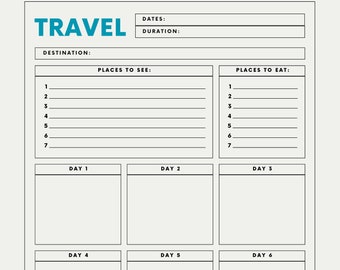 May include: A printable travel planner with sections for destination, dates, duration, places to see, places to eat, daily itineraries, notes, and expenses. The planner has a black and white design with a blue title.