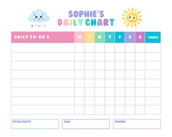 May include: A printable daily chart with a pink, yellow, and blue colour scheme. The chart is designed for a child named Sophie and includes a section for daily to-dos, a calendar grid for each day of the week, and a points system. The chart also includes a section for total points, a goal, and a reward.