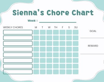 May include: A chore chart in light blue and white, labelled "Sienna's Chore Chart". It features spaces for weekly chores, a goal, and a reward. The days of the week are listed across the top, with a space to write the week.