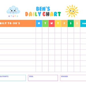 Pu&ograve; includere: Un grafico stampabile colorato per i bambini per tenere traccia dei loro compiti quotidiani e guadagnare punti. Il grafico presenta un sole sorridente e una nuvola con gocce di pioggia. Include sezioni per i compiti quotidiani, i giorni della settimana, i punti, i punti totali, l'obiettivo e la ricompensa.