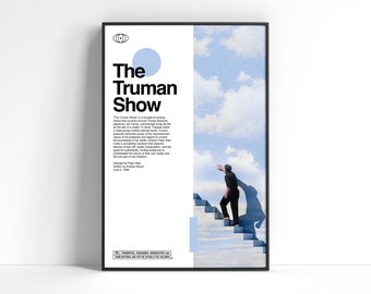 May include: A black and white poster with a blue circle and the text "The Truman Show" in bold white letters. The poster features a man in a blue shirt and black trousers walking up a set of stairs against a blue sky with white clouds. The text below the title reads "The Truman Show" is a thought-provoking drama that revolves around Truman Burbank, played by Jim Carrey, unknowingly living his life as the star of a reality TV show. Trapped within a meticulously crafted world, Truman gradually becomes aware of the manufactured nature of his existence and begins to unravel the boundaries of his reality. Director Peter Weir crafts a compelling narrative that explores the themes of authenticity, truth, and freedom, and the quest for true freedom, making audiences contemplate the nature of their own reality and the concept of free will.