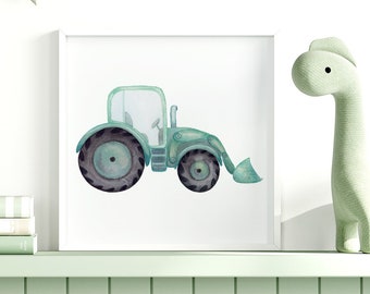 Green Tractor Printable Wall Art Farm Truck Vehicle Watercolor Tractor Construction Vehicle Digital Download Boy Kids Room Nursery Decor