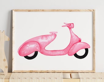 Watercolor Pink Scooter Printable Wall Art Girls Bedroom Decor Baby Nursery Decor Kids Room Vehicles Poster Travel Art Moped Vespa Motorbike