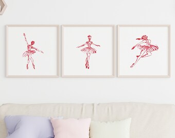 Ballerina Sketch Prints, Set of 3 Ballerina Printable Wall Decor, Nursery Wall Art, Ballerina Room Decor, Girl Nursery Decor, Set 3-01 Red