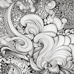 Puede incluir: Ilustración abstracta en blanco y negro con líneas y patrones en espiral. El diseño presenta una variedad de formas, incluyendo círculos, espirales y ondas.