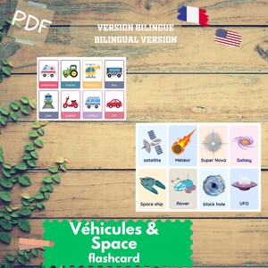 56 cartões flash para crianças - Espaço e veículos - Montessori - Francês e Inglês - Download imediato