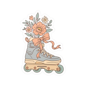 May include: A sticker featuring a light blue roller skate with peach-colored flowers and a bow. The skate has tan wheels and laces. The flowers include peach-colored blooms and smaller daisies, with green leaves. The bow is a soft peach color.