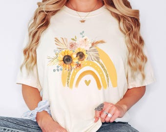 Retro Sunflower Rainbow Shirt: Comfort Colors Boho Tee