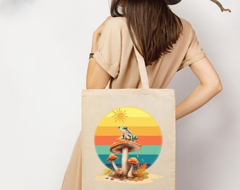 Frog and Mushroom Retro Sunset Canvas Tote Bag