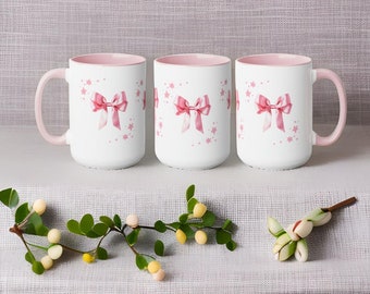 Tazza da caffè con fiocco rosa, estetica civettuola, atmosfera cottagecore