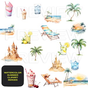 18 Summer Beach Clipart PNGs, Set 1, Digital Download, Card Making, Mixed Media, Digital Paper Craft, Watercolor clipart, Beach Clipart