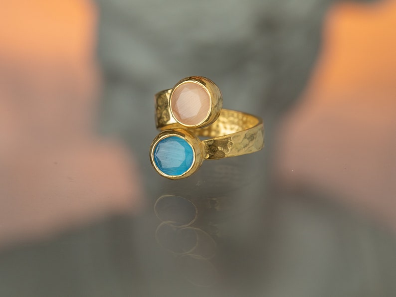 Two Colored Cat's Eye Stones Ring, Adjustable and Handmade Ring, Women Jewelry, Gift For Her, Unique Gift, Mother's Day Gift image 4