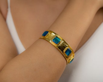 Handmade Wide Adjustable Bracelet with Blue Cat's Eye Stones, Gift For Her, Unique Gift Bracelet , Handmade Bracelets, Birthday Gift