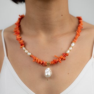Boho-Hippi Coral Necklace with Baroque Pearl Pendant, Handmade Necklace Jewelry, Birthday Necklace, Gift For Her,  Sea Necklaces in Summer