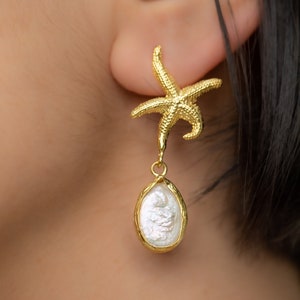 Starfish and Pearl Dangle Earrings, Wedding Gift, Gift For Her, Unique Best Mom Gift, Handmade Earring, Birthday Gift, Teacher Gift image 1