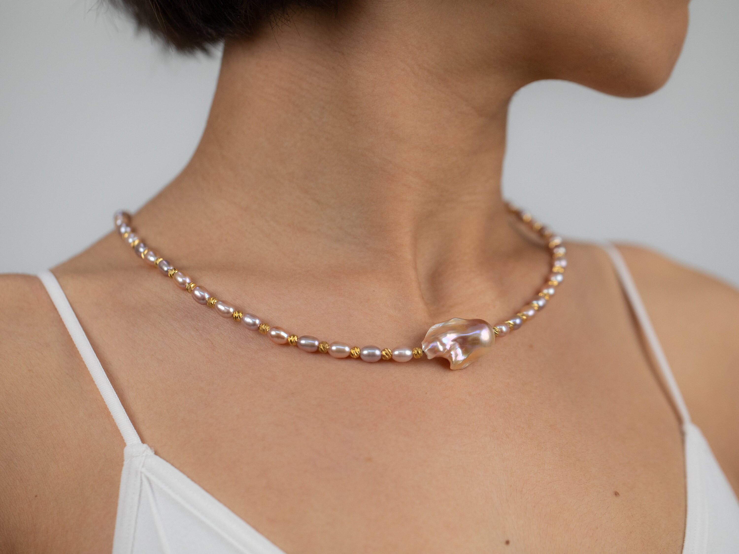 Collana Donna Con Ciondolo Perla Barocca - Placcato Oro 18K Su Acciaio Inox 316L - Lunghezza Regolabile 15.7-17.7 Pollici