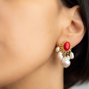 Turquoise & Coral Cluster Earrings: 22K Gold Plated Pearl Dangles