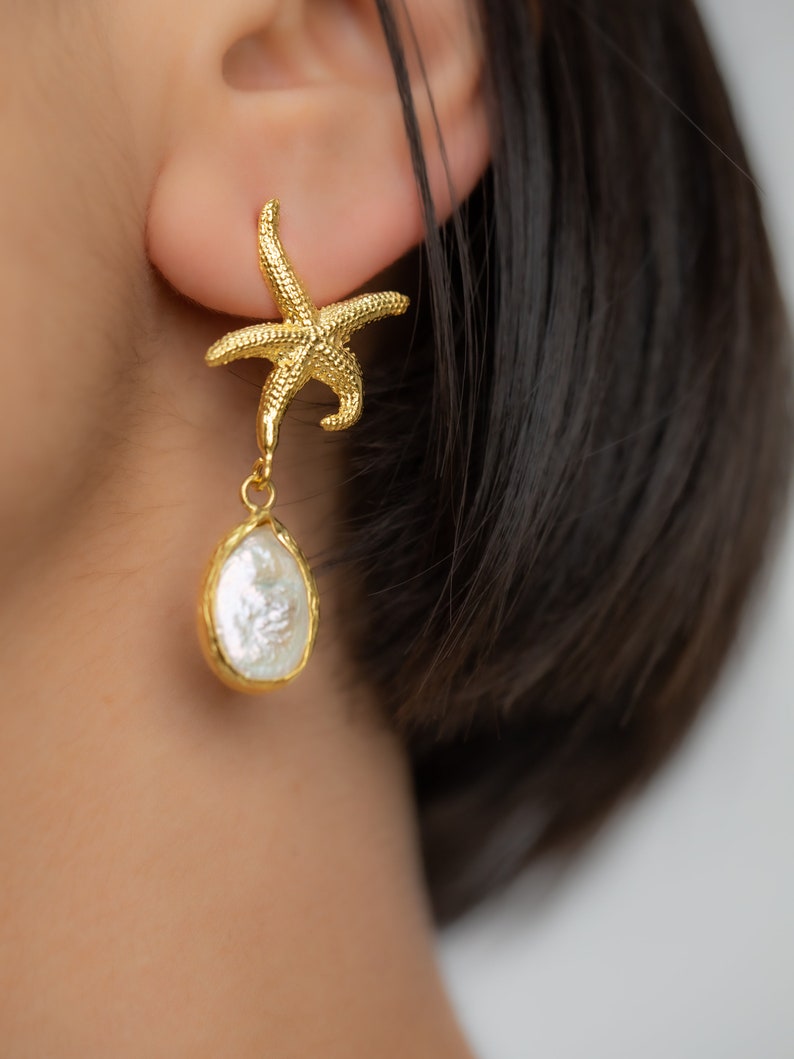 Starfish and Pearl Dangle Earrings, Wedding Gift, Gift For Her, Unique Best Mom Gift, Handmade Earring, Birthday Gift, Teacher Gift image 3