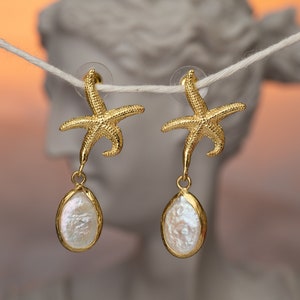 Starfish and Pearl Dangle Earrings, Wedding Gift, Gift For Her, Unique Best Mom Gift, Handmade Earring, Birthday Gift, Teacher Gift image 2