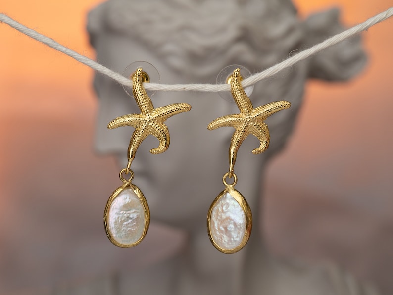 Starfish and Pearl Dangle Earrings, Wedding Gift, Gift For Her, Unique Best Mom Gift, Handmade Earring, Birthday Gift, Teacher Gift image 2