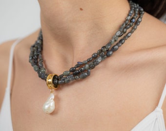 Baroque Pearl  and Labradorite Gemstone Necklace, Handmade Mothers Necklaces, Gift for Her, Beach Necklace, Birthday Gift, Spring Necklace