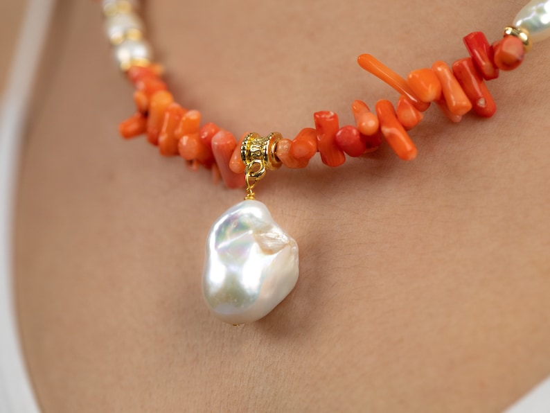 Boho-Hippi Coral Necklace with Baroque Pearl Pendant, Handmade Jewelry, Birthday Necklace, Gift For Her, Gift for Women, Mother's Day Gift image 4