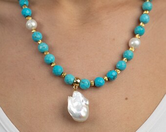 Turquoise, Coral, Labradorite and Black Onyx Gemstone and Large Baroque Pearl Necklace for Woman, Gift for Her, Valentines Jewelry, Mom Gift