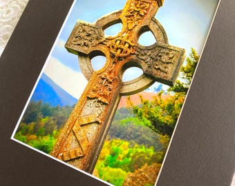 Celtic High Cross, Matted 8x10 Wall Art, Irish Decor, Glendalough, Ireland Photo Print 5x7,