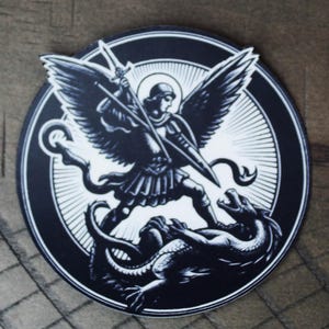 Saint Michael the Archangel | Christian Laminated Vinyl Sticker/Decal - Black and White